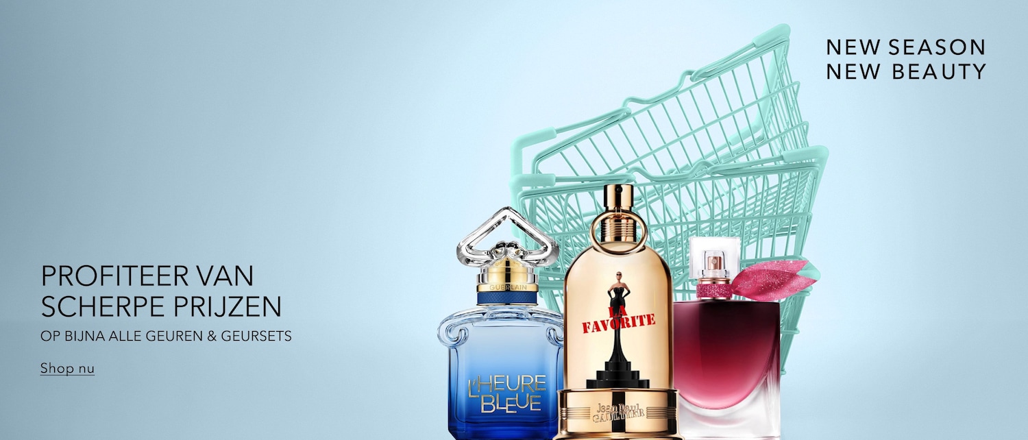 Profiteer van scherpe prijzen op bijna alle geuren en geursets, met een assortiment van drie luxe parfumflessen en twee mintgroene winkelmandjes op de achtergrond, en de tekst "NEW SEASON NEW BEAUTY" in de rechterbovenhoek. Shop nu.