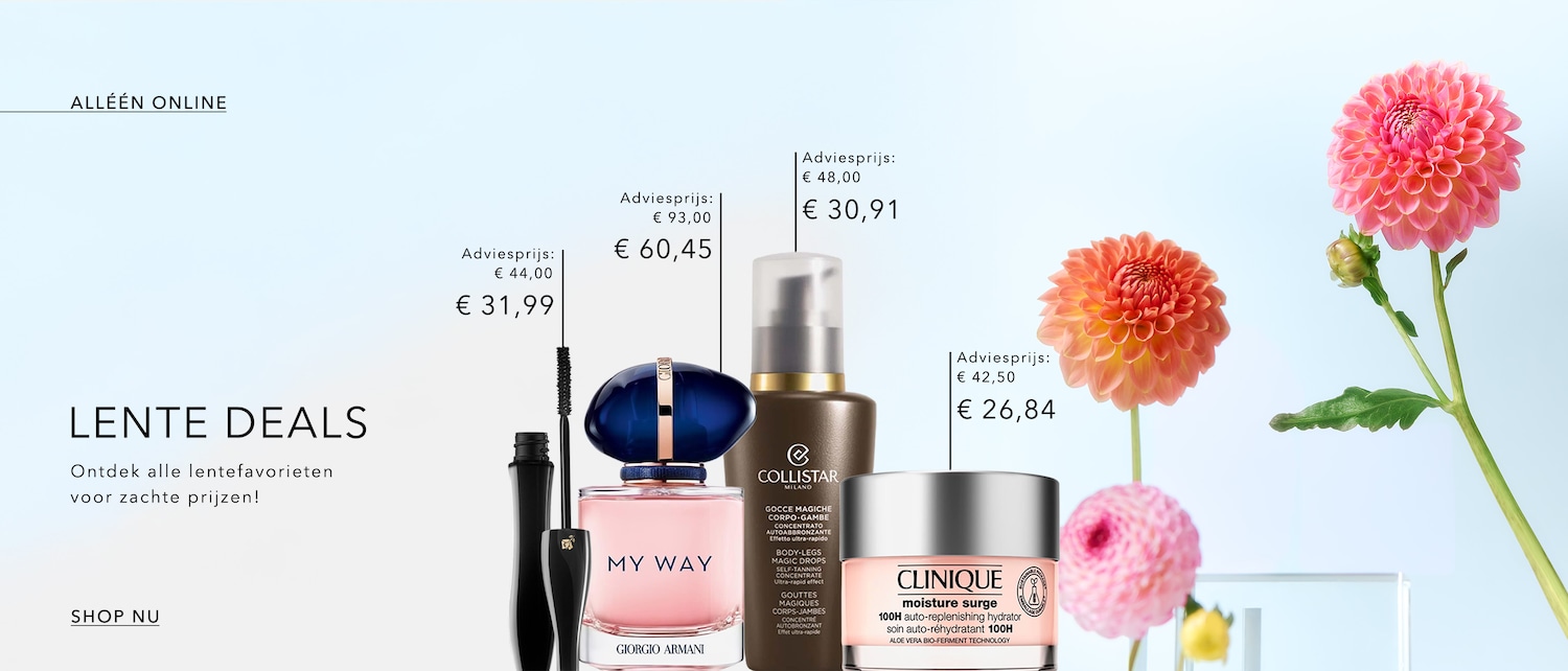 Ontdek de lente deals online met zachte prijzen op mascara, parfum, zelfbruiner en hydraterende gezichtscrème.