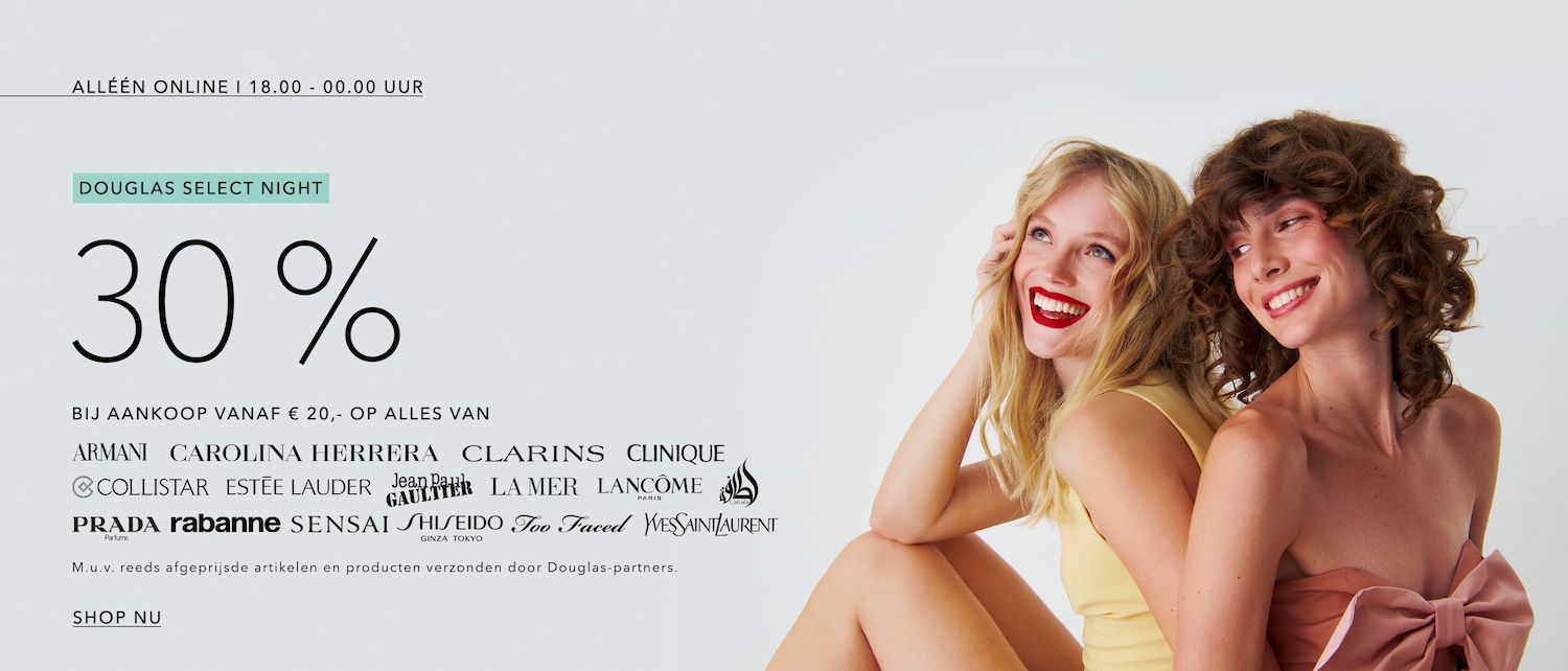 Profiteer van 30% korting tijdens de Douglas Select Night op merken zoals Armani, Carolina Herrera, en meer bij een aankoop vanaf €20, en shop nu online!