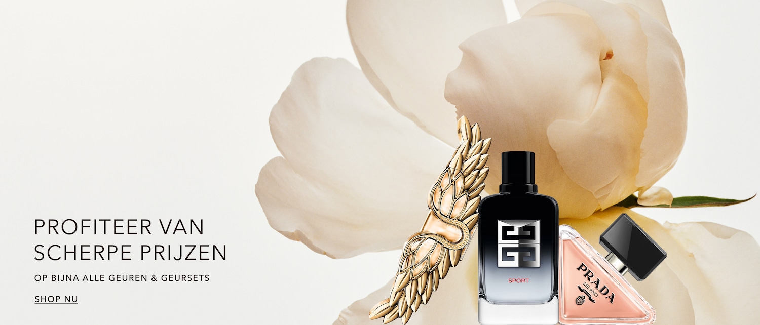 Profiteer van scherpe prijzen op bijna alle geuren en geursets, met een zwarte Givenchy Sport parfumfles en een roze Prada Milano parfumfles tegen een zachte bloemachtergrond.