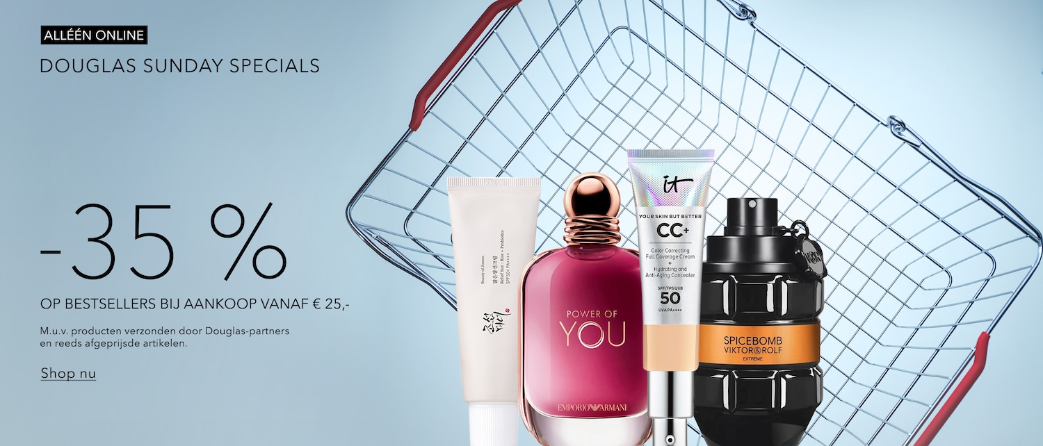 Ontdek de Douglas Sunday Specials, alleen online beschikbaar, met 35% korting op bestsellers bij een aankoop vanaf € 25,-.