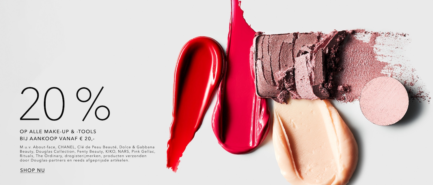 Geniet van 20% korting op alle make-up en tools bij aankoop vanaf € 20, met uitzondering van bepaalde merken en reeds afgeprijsde artikelen.
