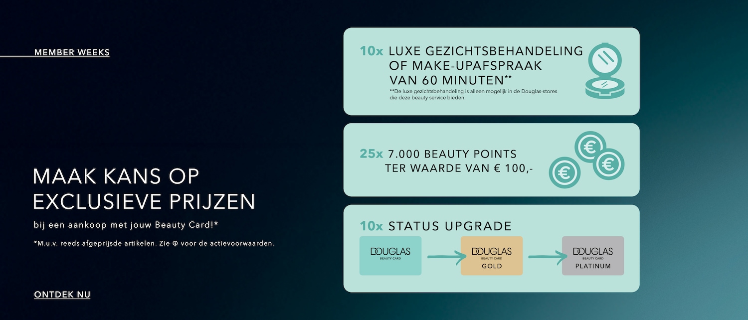 Member Weeks: Maak kans op exclusieve prijzen bij aankoop met jouw Beauty Card! Ontdek nu en profiteer van 10x luxe gezichtsbehandeling of make-upafspraak van 60 minuten, 25x 7.000 Beauty Points ter waarde van €100 en 10x status upgrade.