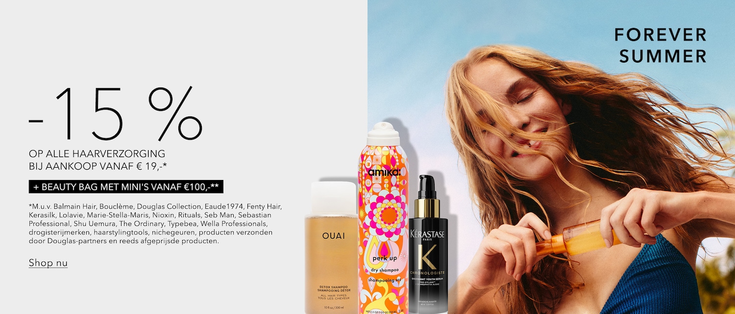 Ontvang 15% korting op alle haarverzorging bij aankoop vanaf €19, plus een beauty bag met mini's vanaf €100, met uitzondering van specifieke merken en producten.