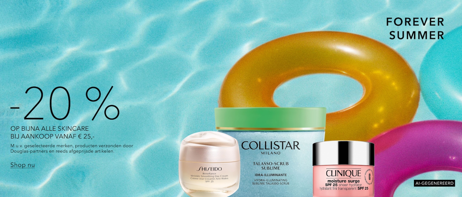 Ontdek de "Forever Summer" collectie met 20% korting op bijna alle skincare bij aankoop vanaf €25, inclusief producten van Shiseido, Collistar en Clinique.