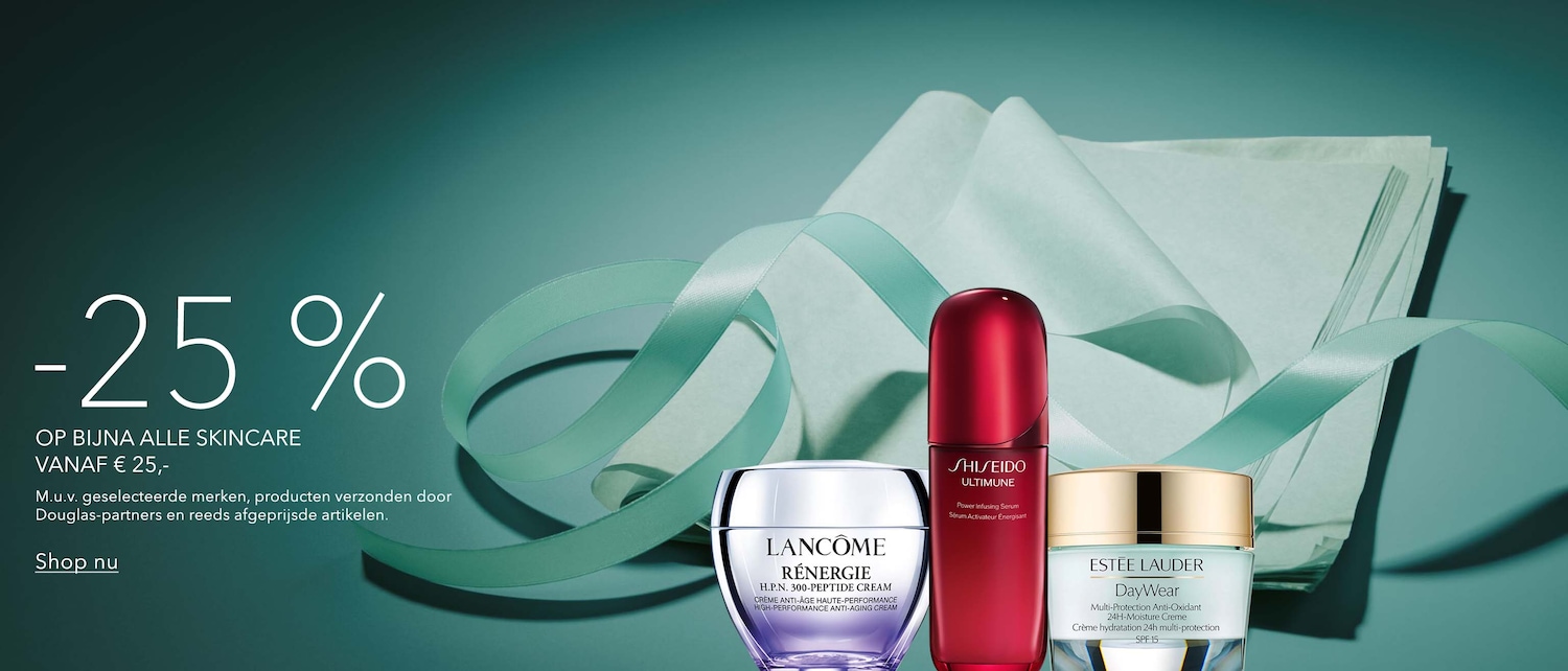 Ontdek 25% korting op bijna alle skincare vanaf €25, met uitzondering van geselecteerde merken, producten verzonden door Douglas-partners en reeds afgeprijsde artikelen.