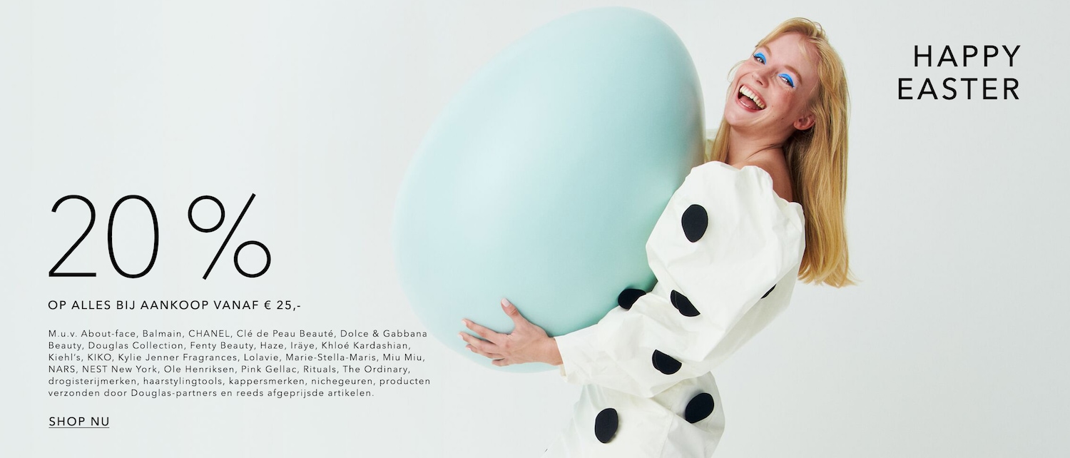 Vrolijk Pasen! Geniet van 20% korting op alles bij aankoop vanaf € 25,-, inclusief merken zoals CHANEL en Fenty Beauty. Shop nu!