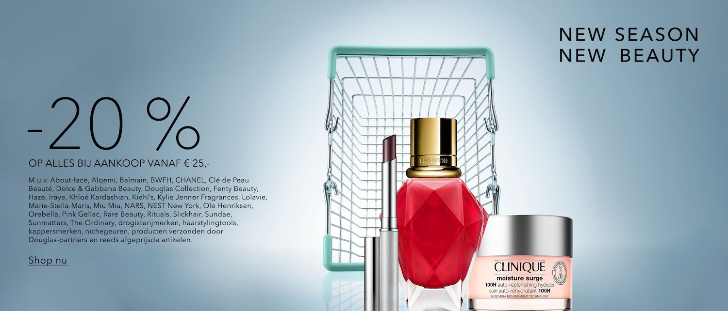 Ontdek de nieuwe collectie met 20% korting op aankopen vanaf €25, inclusief een Rabanne parfum, een lipstick en Clinique Moisture Surge.