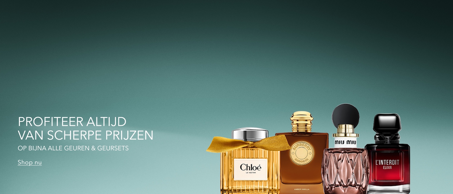 Profiteer altijd van scherpe prijzen op bijna alle geuren en geursets, met een rij van vier luxe parfumflesjes op een groenblauwe achtergrond. Shop nu.