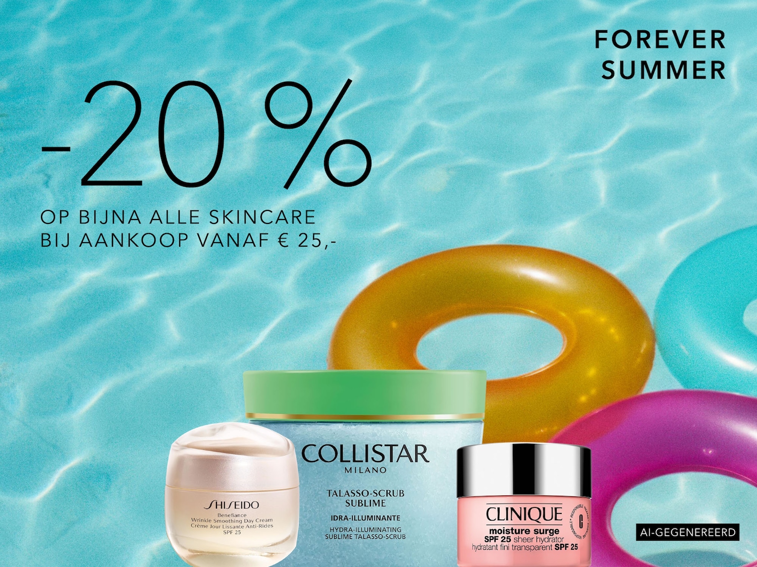 Profiteer van 20% korting op bijna alle skincare bij een aankoop vanaf € 25,- en geniet van een Forever Summer met producten zoals Shiseido Benefiance Wrinkle Smoothing Day Cream, Collistar Talasso-Scrub Sublime en Clinique Moisture Surge SPF 25.