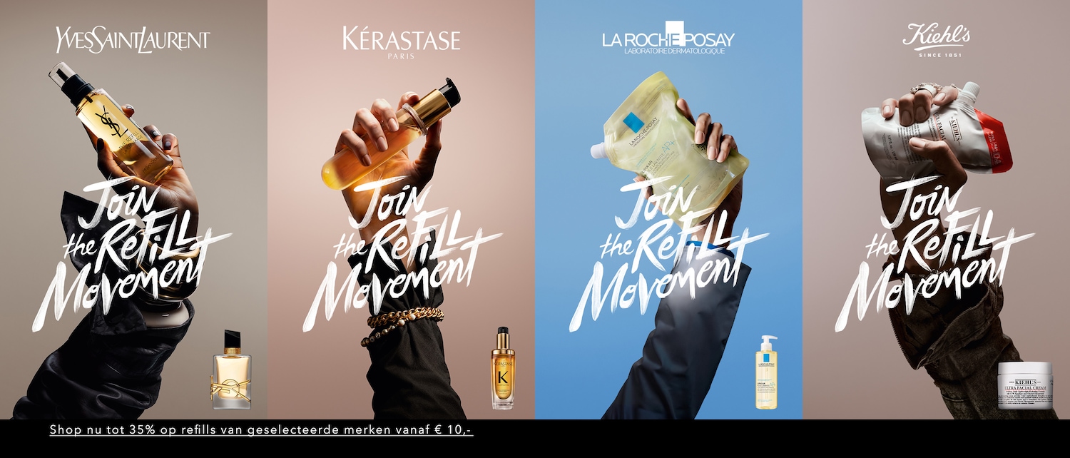Sluit je aan bij de Refill Movement met Yves Saint Laurent, waarbij een hand een hervulbare fles vasthoudt tegen een zachte achtergrond.