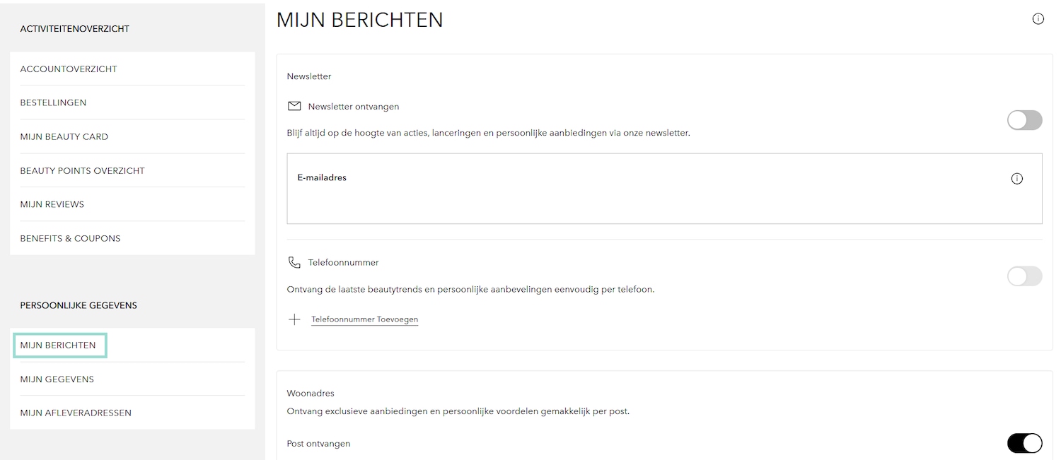 Mijn Berichten geeft een overzicht van de nieuwsbrief, e-mailadres, telefoonnummer en woonadres instellingen.