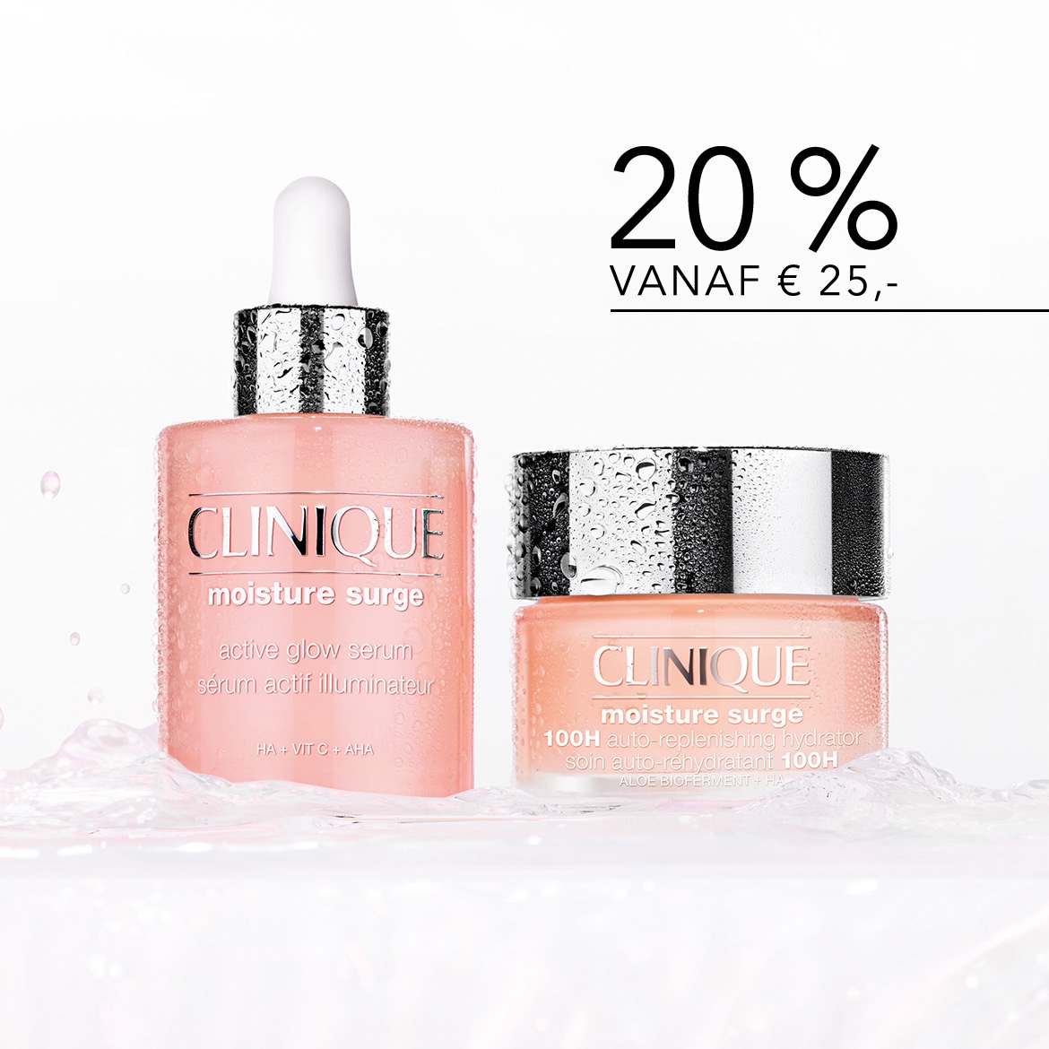 Clinique Moisture Surge-lijn met 20% korting vanaf €25,-, inclusief Active Glow Serum en 100H Auto-Replenishing Hydrator.