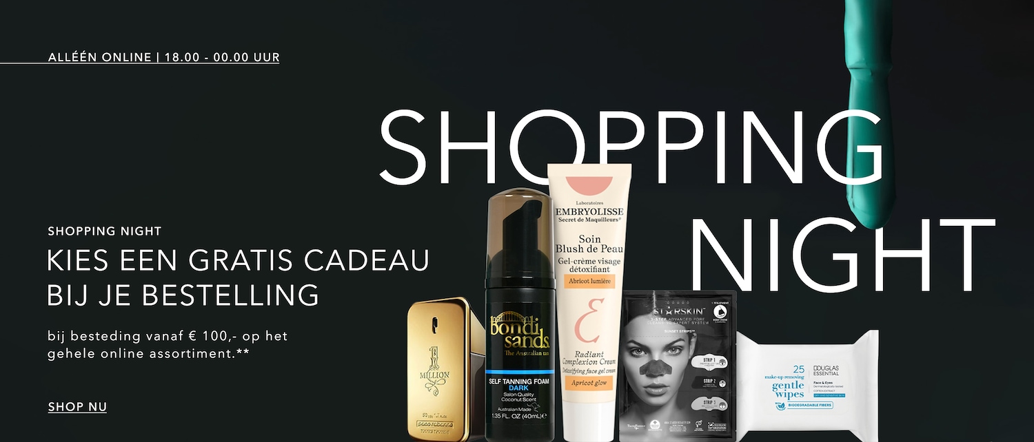 Het is Shopping Night met een gratis cadeau bij je bestelling vanaf € 100,- op het gehele online assortiment, met producten zoals parfum, zelfbruiningsmousse, gezichtscrème en reinigingsdoekjes. Shop nu!