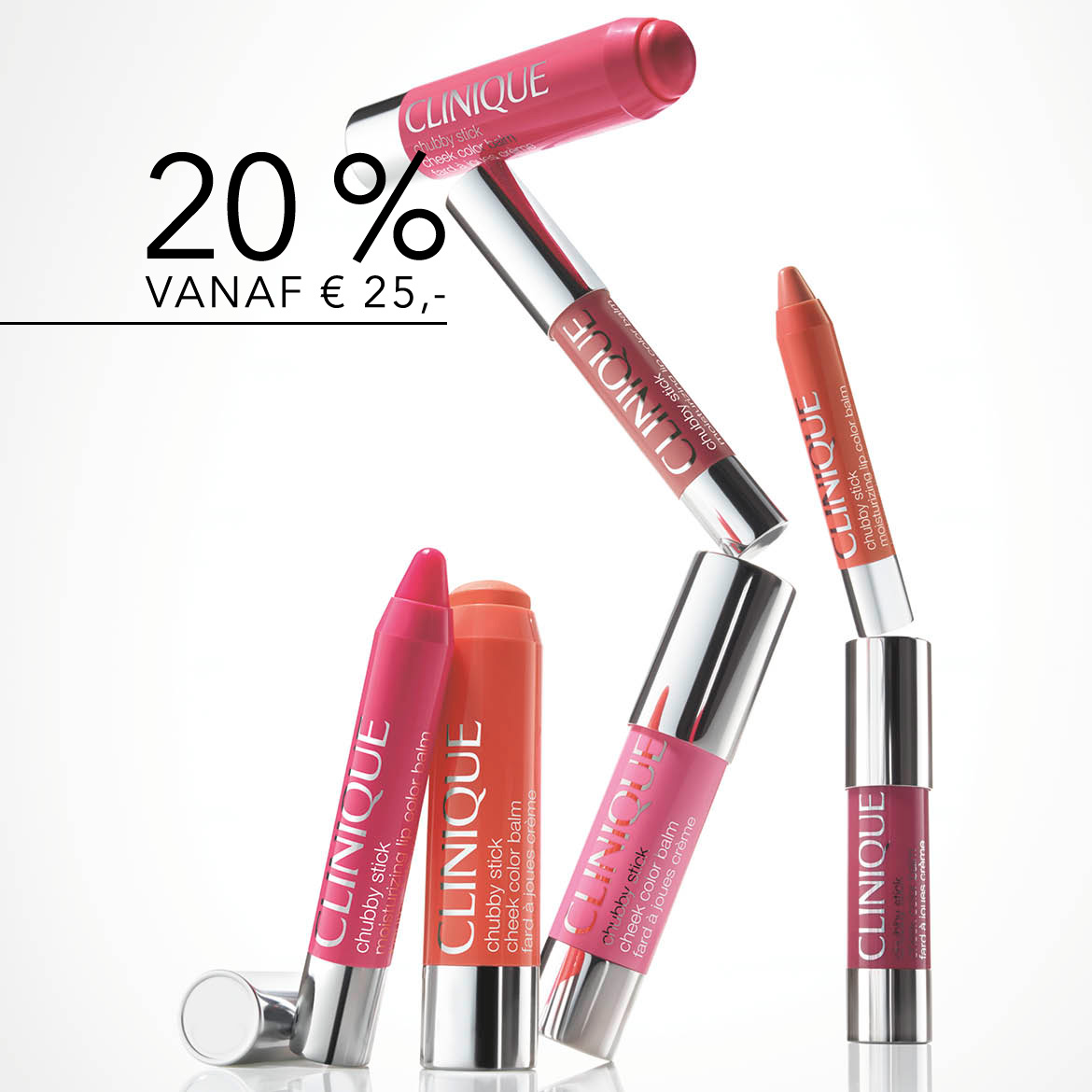 Ontdek Clinique Chubby Sticks in diverse tinten, lippenbalsem en blush, nu met 20% korting vanaf €25.