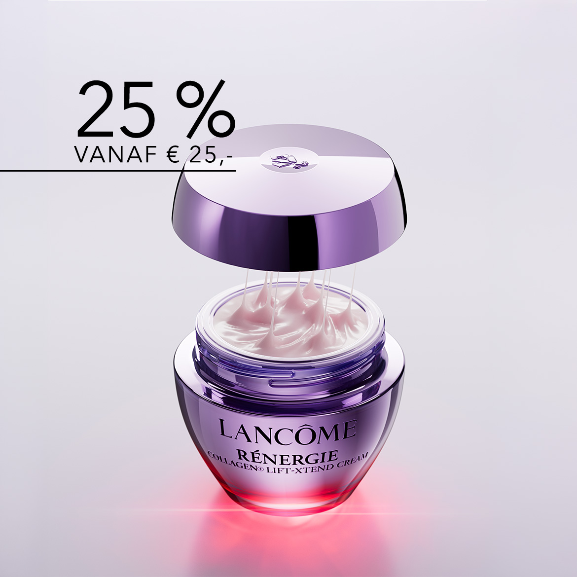 Geniet van 25% korting vanaf €25 op Lancôme Rénergie Collageen Lift-Xtend Cream, gepresenteerd in een paarse pot met een zachtroze crème.