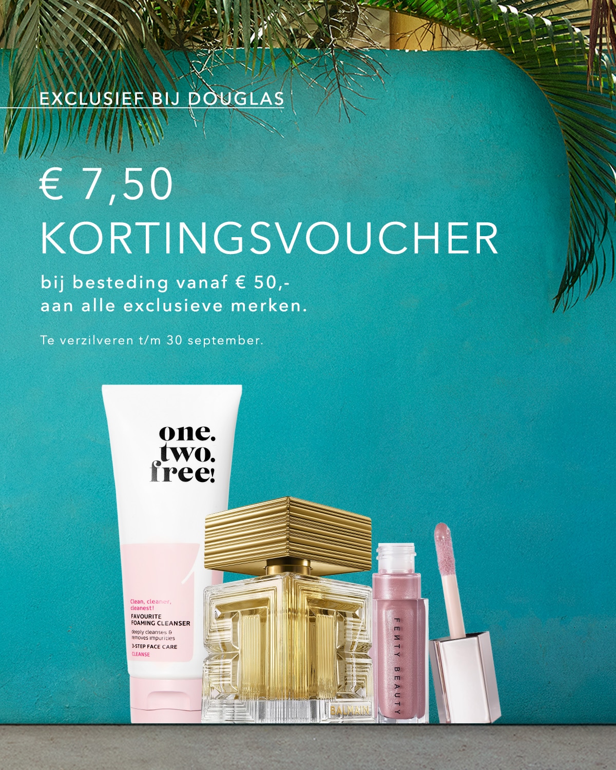 Ontvang een exclusieve kortingsvoucher van €7,50 bij Douglas, geldig bij besteding vanaf €50 aan alle exclusieve merken, te verzilveren t/m 30 september.