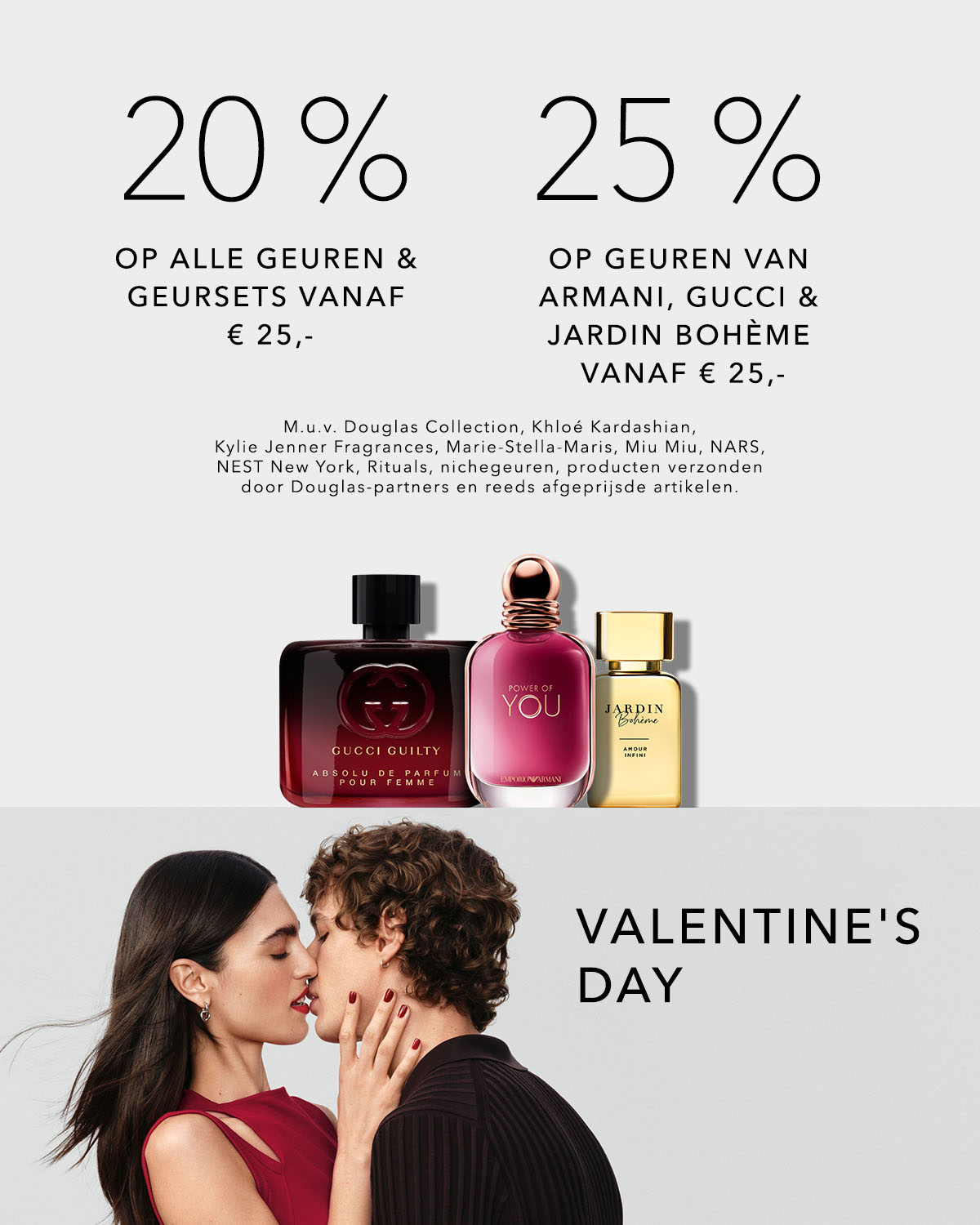 Vier Valentijnsdag met kortingen tot 25% op geuren van Armani, Gucci en Jardin Bohème, en 20% op alle geuren en geursets vanaf €25.