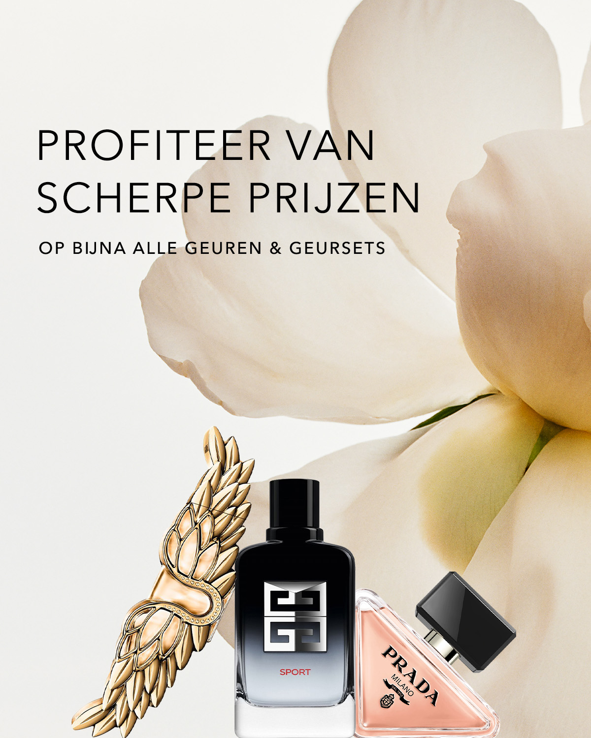 Profiteer van scherpe prijzen op bijna alle geuren & geursets, samen met een zwarte Givenchy Sport parfumfles en een roze Prada parfumfles.