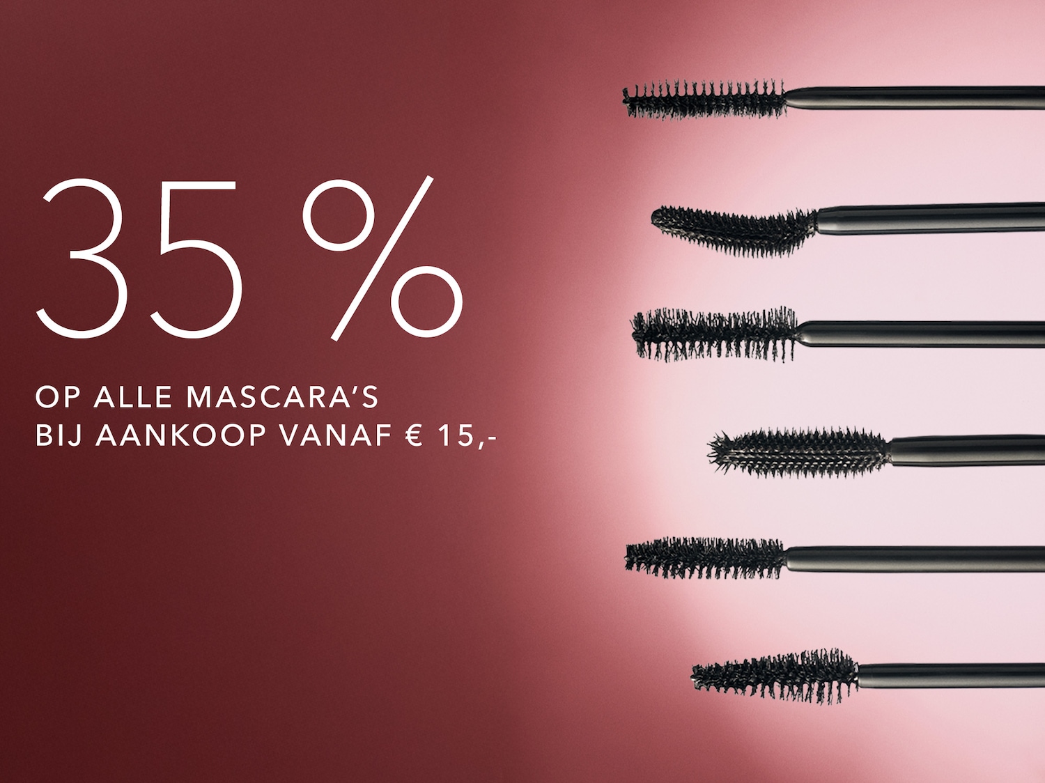 Profiteer van 35% korting op alle mascara's bij aankoop vanaf €15,-, met een close-up van verschillende mascara borstels.