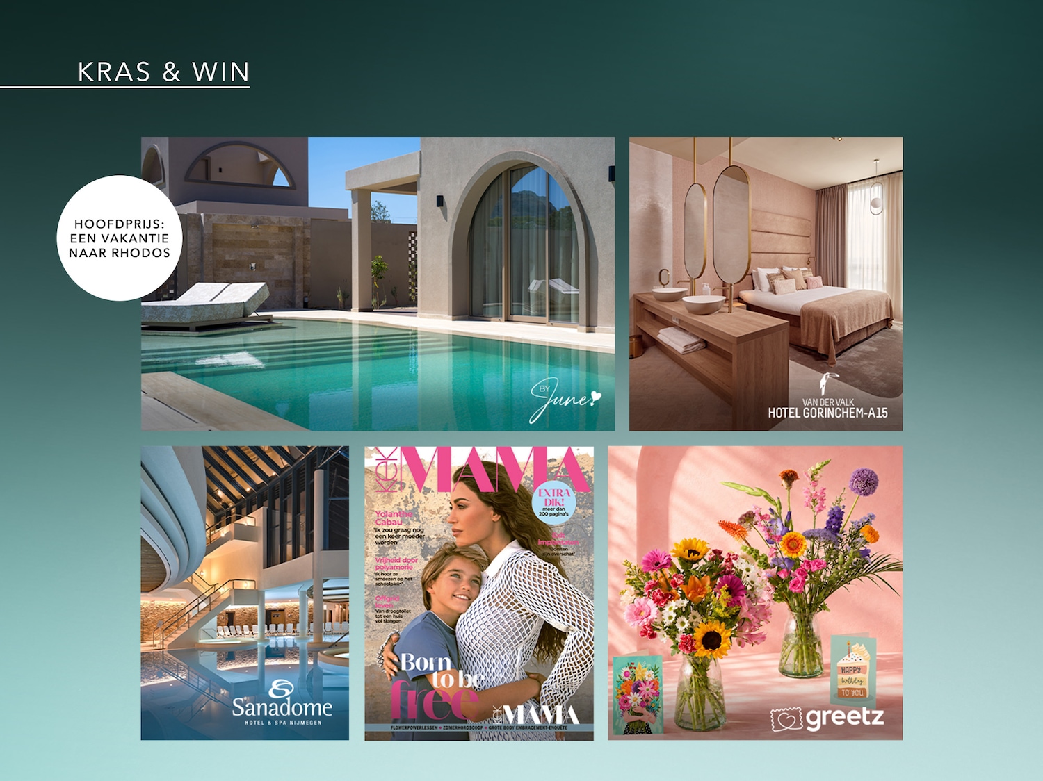 De afbeelding toont een luxueus zwembad bij een modern gebouw, met de tekst "HOOFDPRIJS: EEN VAKANTIE NAAR RHODOS" en "KRAS & WIN" erboven.