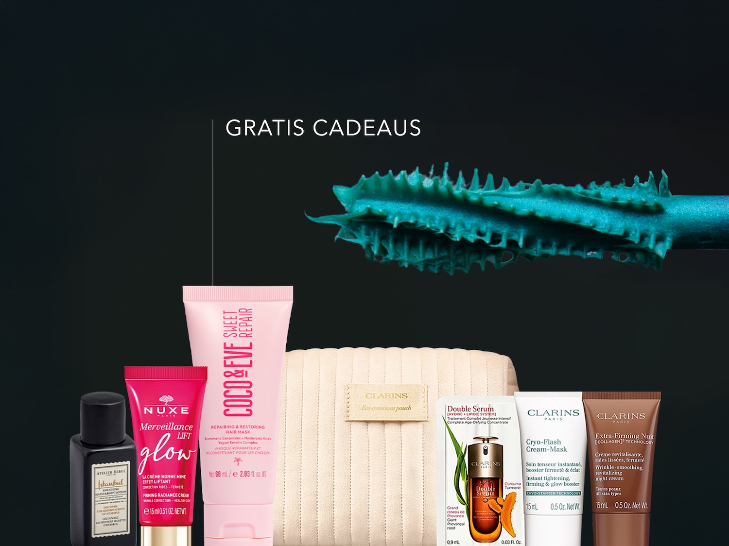 Ontdek een collectie schoonheidsproducten, waaronder crèmes, maskers en lotions van merken als Nuxe, Clarins en Coco&Eve, gepresenteerd in een stijlvolle, ecologische etui.