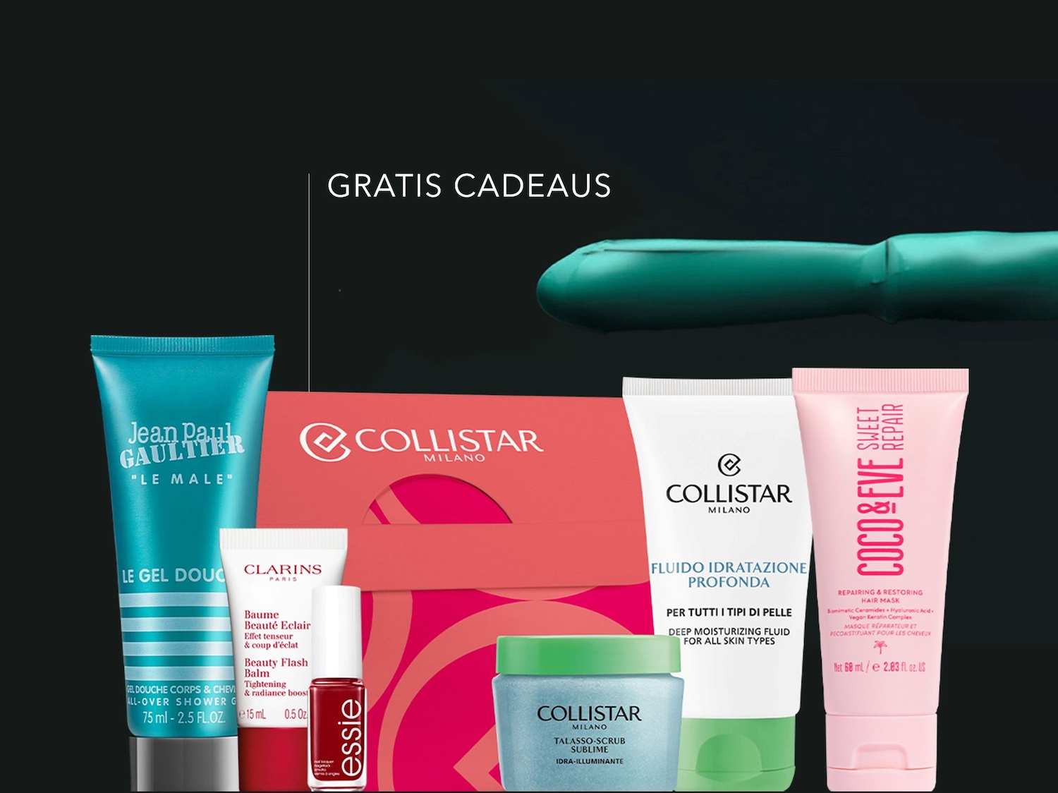 Ontvang gratis cadeaus bij je bestelling, waaronder een Jean Paul Gaultier douchegel, Clarins Beauty Flash Balm, Essie nagellak, Collistar Talasso-Scrub Sublime, Collistar Deep Moisturizing Fluid en Coco & Eve Sweet Repair Hair Mask.