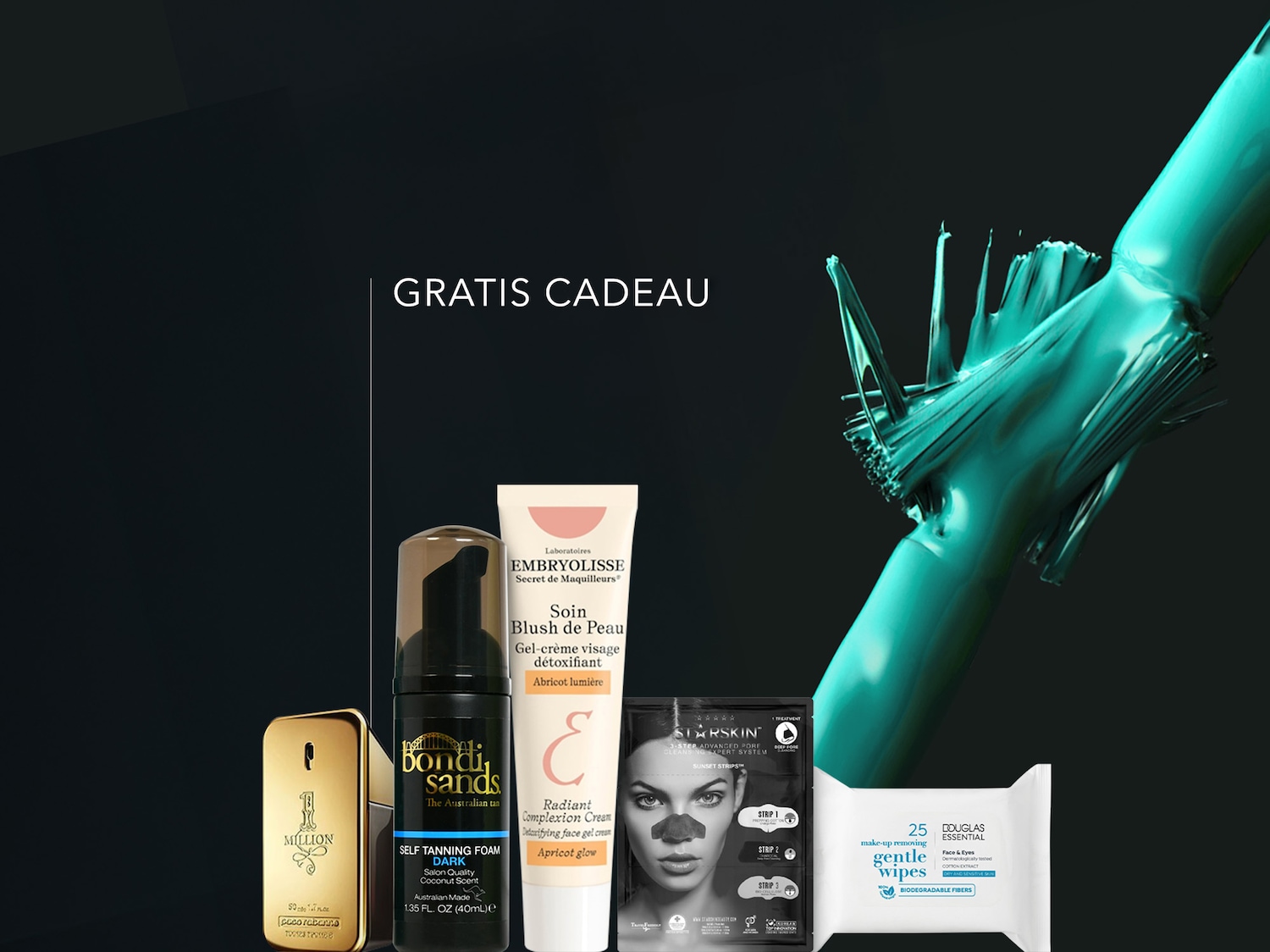 Ontdek een gratis cadeau met een selectie van schoonheidsproducten, waaronder zelfbruinende mousse, gezichtscrème, reinigingsdoekjes en meer.