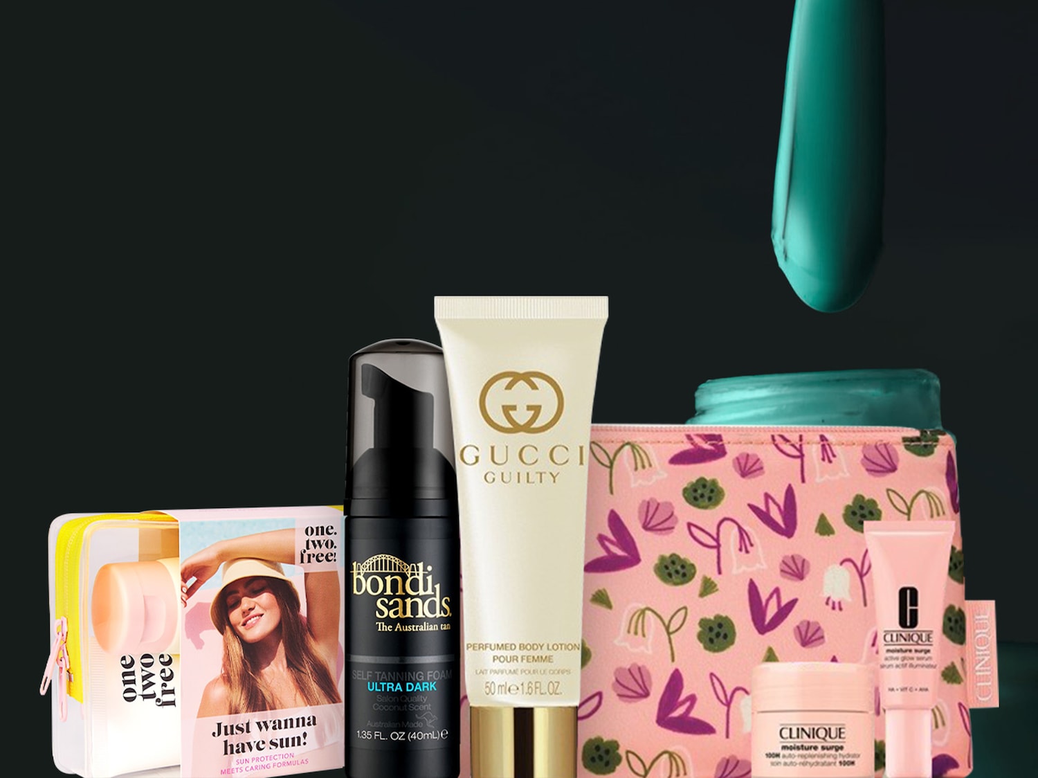 Ontdek een selectie van schoonheidsproducten, waaronder zelfbruiningsmousse van Bondi Sands, Gucci Guilty bodylotion en Clinique Moisture Surge, gepresenteerd in kleurrijke verpakkingen.