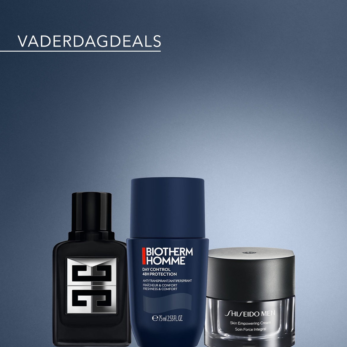 VADERDAGDEALS aanbieding met Biotherm Homme deodorant, Givenchy parfum en Shiseido Men Skin Empowering Cream.