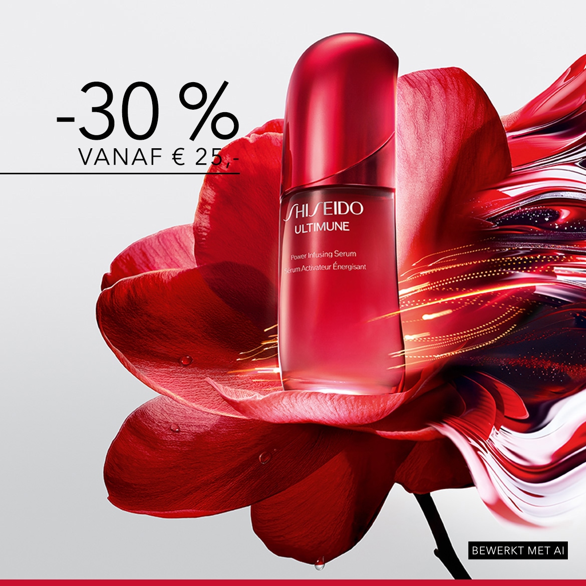 Ontdek Shiseido Ultimune Power Infusing Serum, een roodkleurig serumflesje met een dop in dezelfde kleur, dat op een grote rode bloem ligt, met 30% korting vanaf €25.