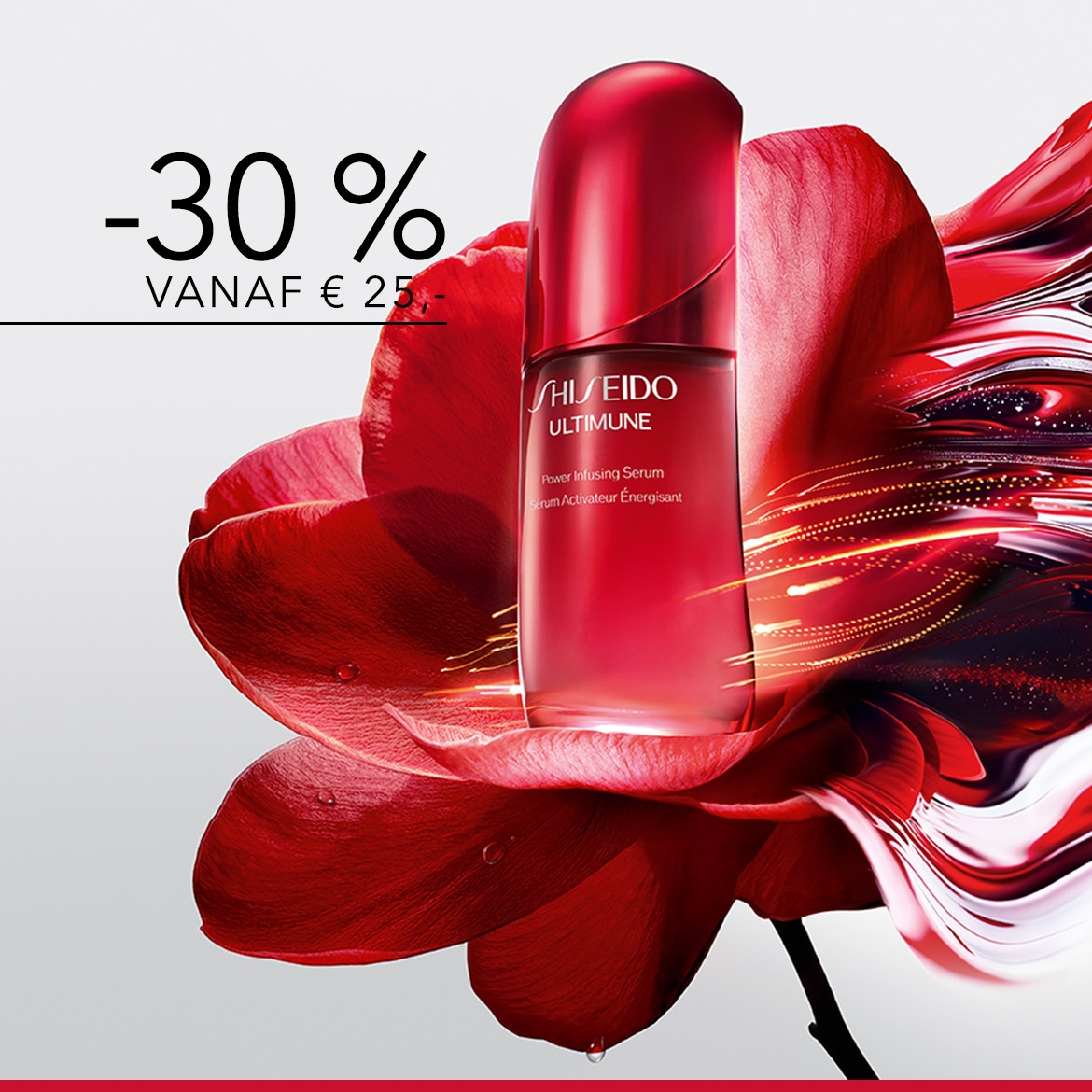 Ontdek Shiseido Ultimune Power Infusing Serum, een roodkleurig serumflesje met een glanzende dop, dat op een grote rode bloemblaadje ligt, nu met 30% korting vanaf €25.