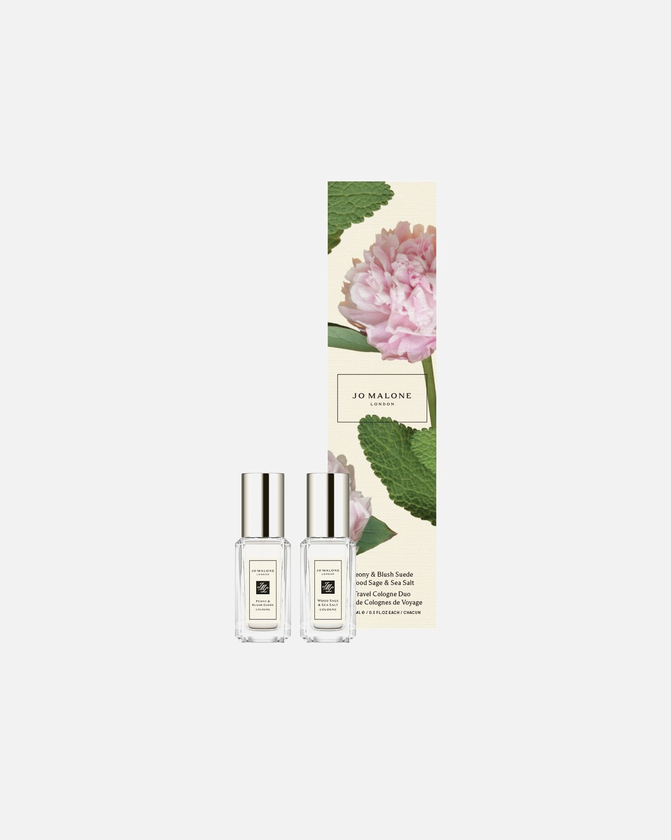 Geurset voor Jo Malone LondonCologneWood Sage & Sea Salt/ Peony & Blush Suede Mini Set1 stuk.
