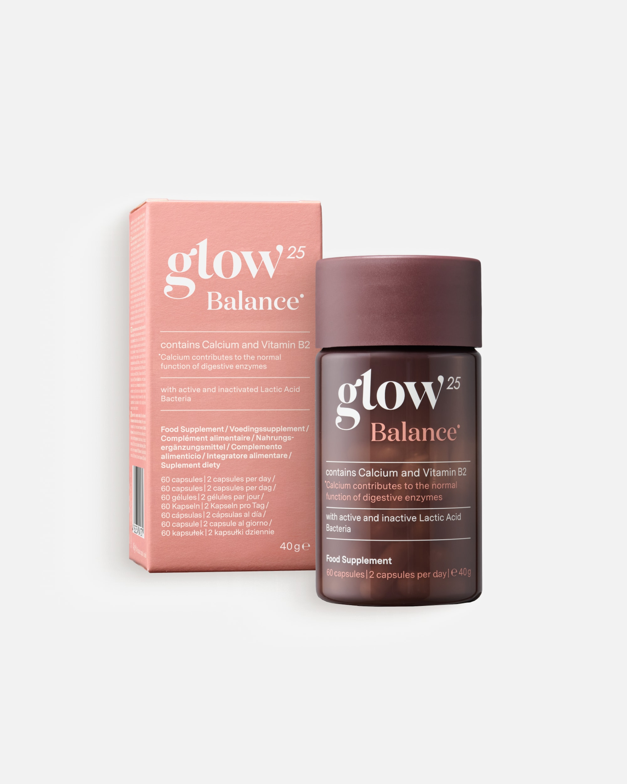 Voedingssupplement voor darmgezondheid voor UnisexGlow 25Balance - Probiotic with Lactic Acid Bacteria, Kiwi Fruit Powder, Inulin, Calcium and Vitamin B260 capsules