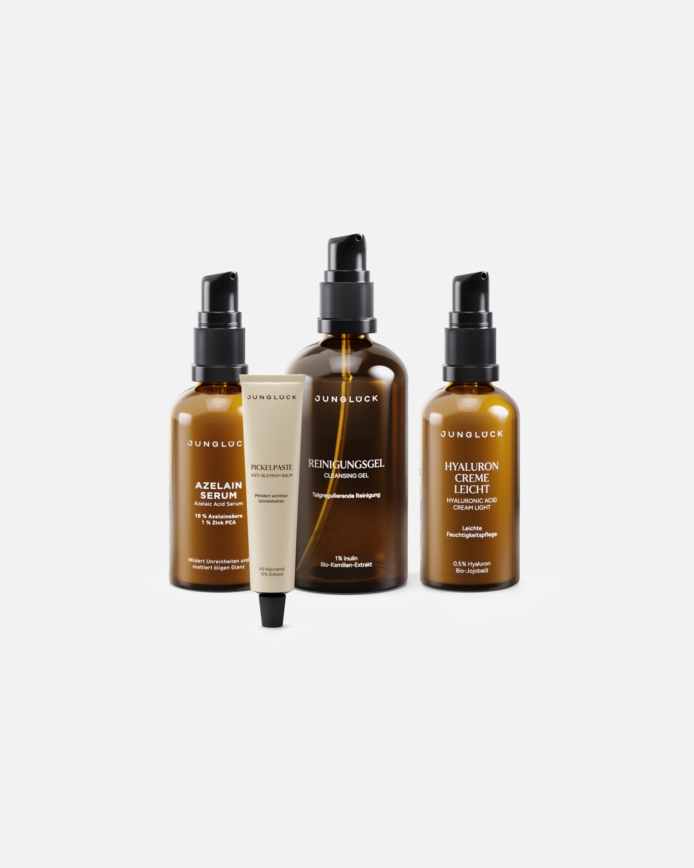 Gezichtsverzorgingsset voor UnisexJunglückOnzuivere Huid Bestseller Set - Reinigingsgel Azelaïne Serum Hyaluron Crème Light Puistjes Crème Cadeauset210 ml