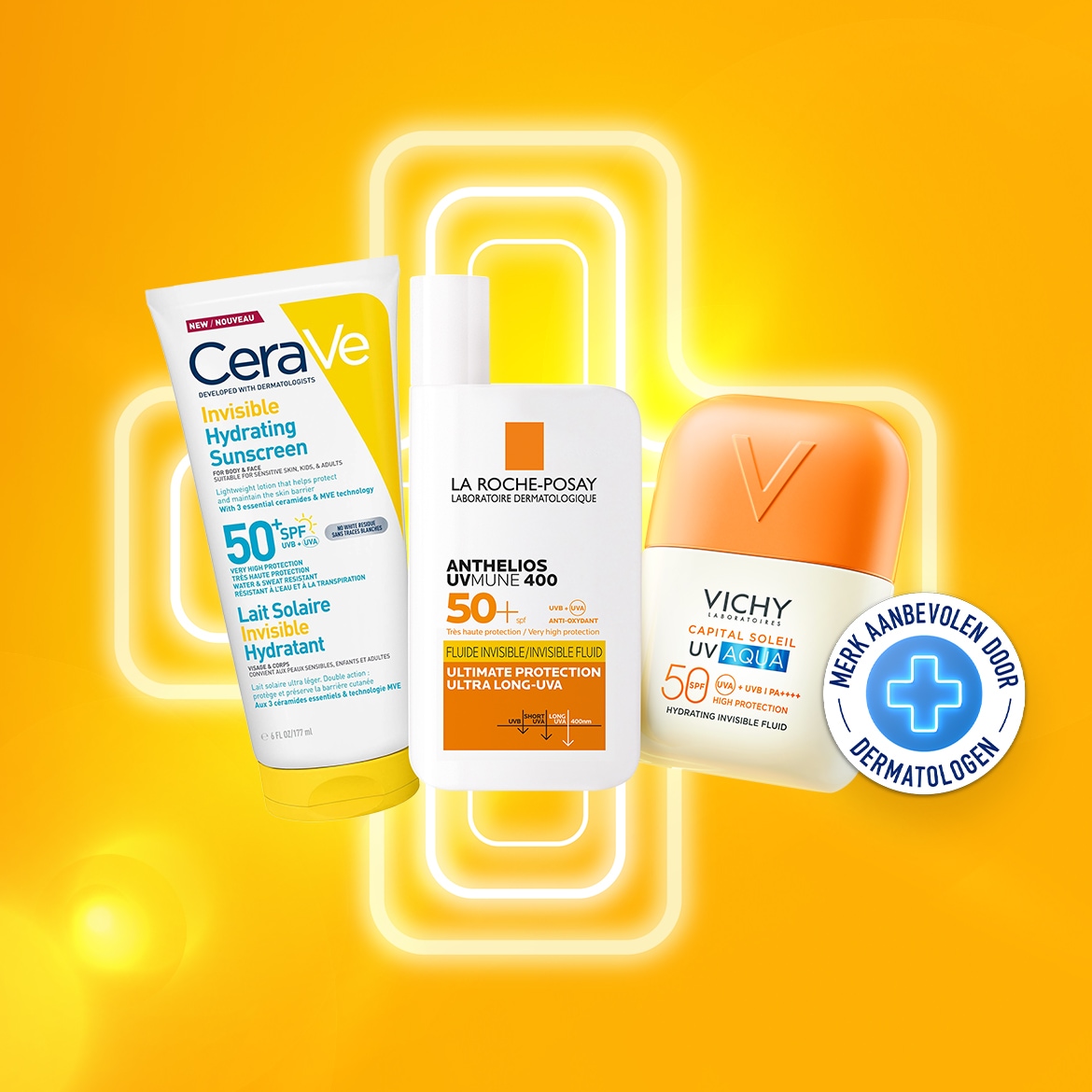 Drie zonnebrandflacons van CeraVe, La Roche-Posay en Vichy met SPF 50+ voor een zeer hoge bescherming tegen de zon.