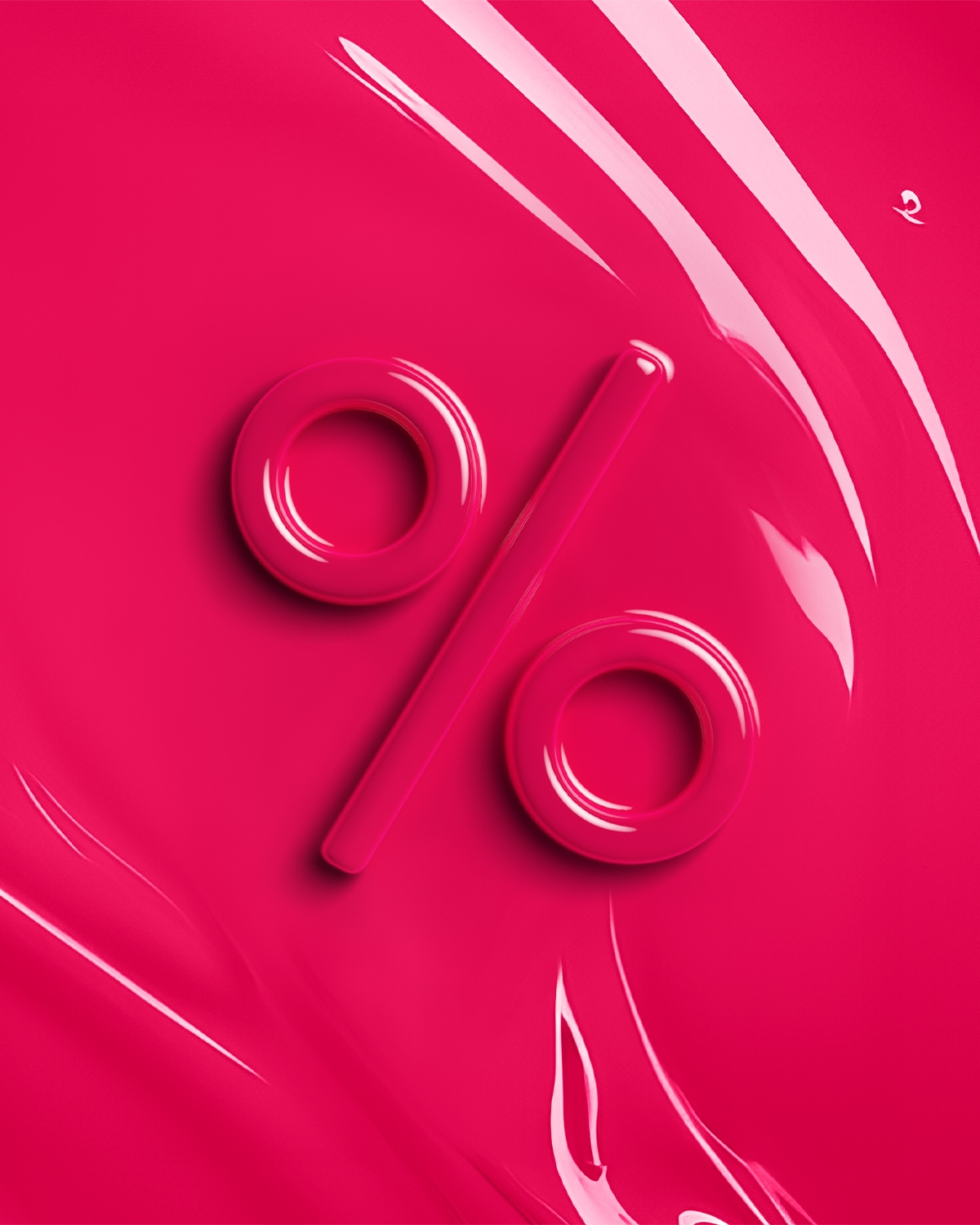 Een roze achtergrond met een glanzend oppervlak toont een roze percentage teken, wat wijst op een speciale aanbieding of korting.