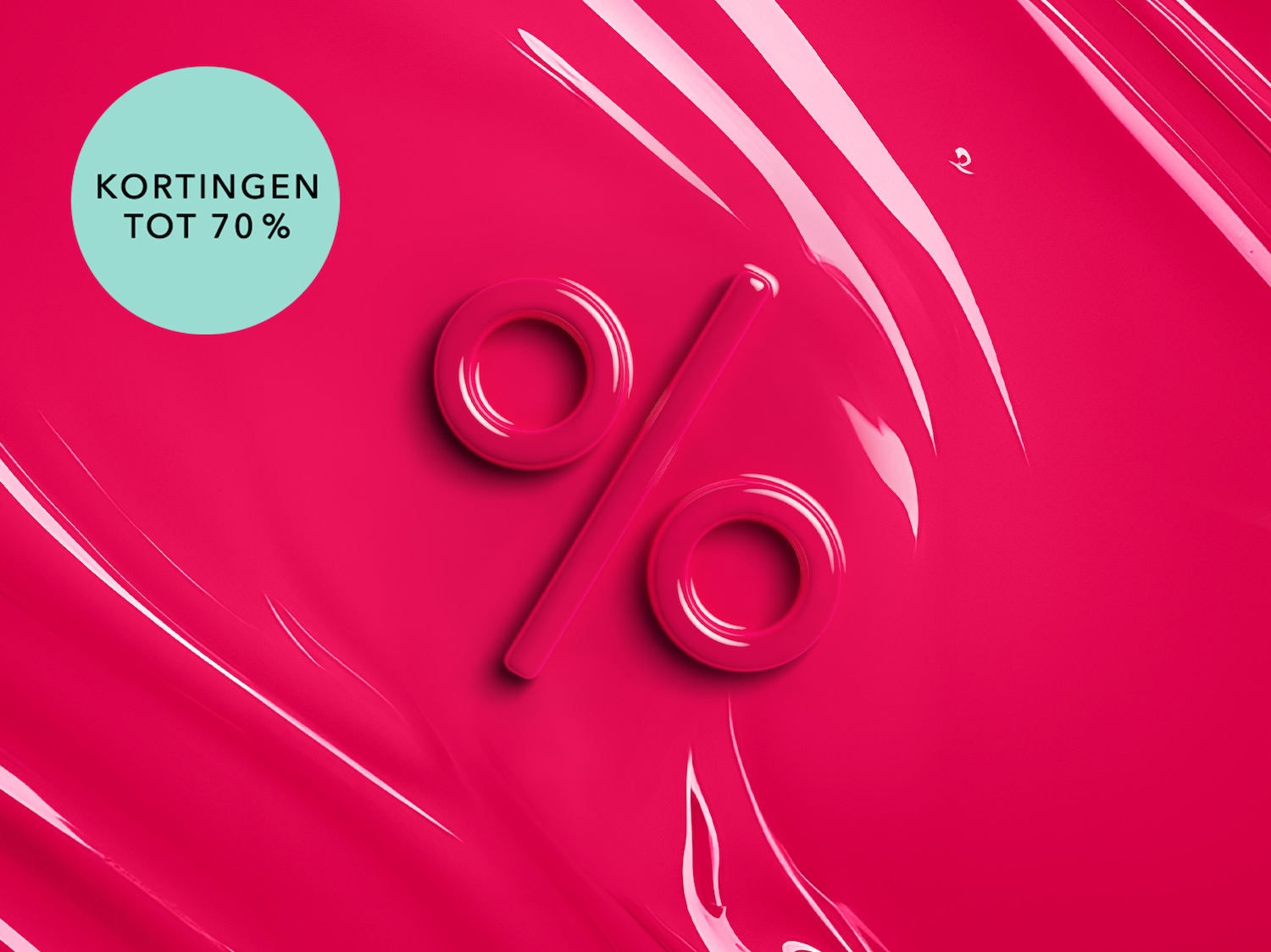 Ontdek kortingen tot wel 70% op een levendige roze achtergrond met een glanzend percentage-teken, wat een spannende aanbieding symboliseert.