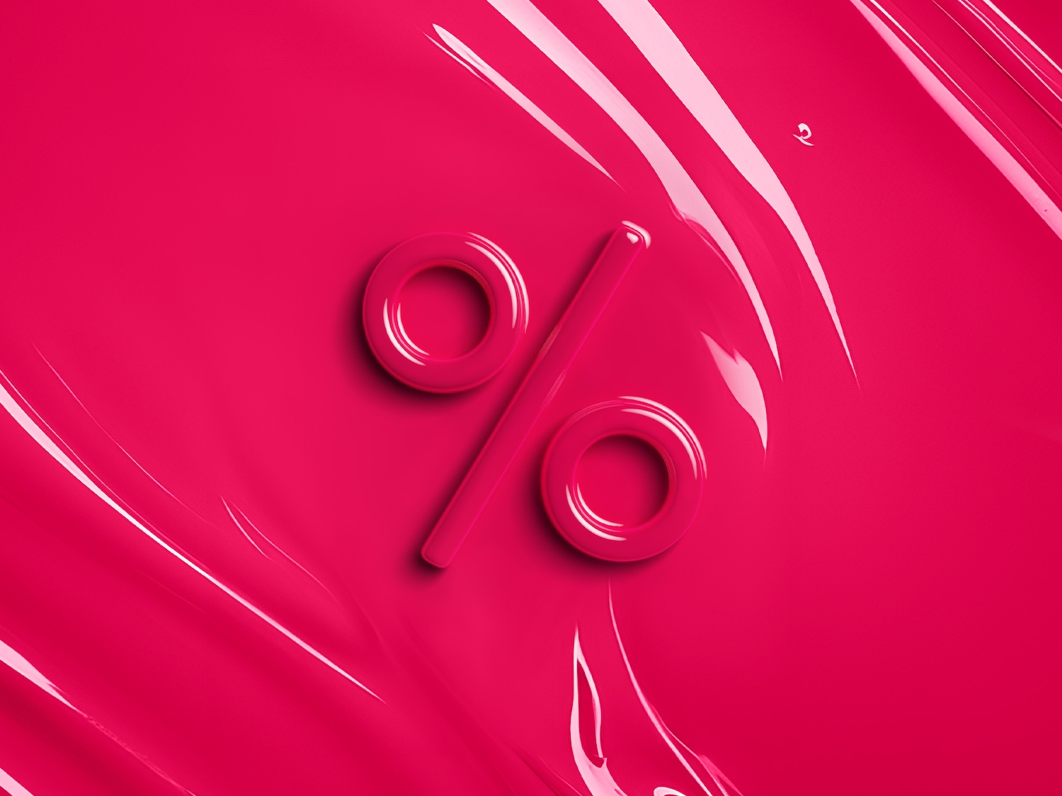 Een roze achtergrond met een glanzend percentage-teken in het midden, omringd door golvende, glanzende strepen.