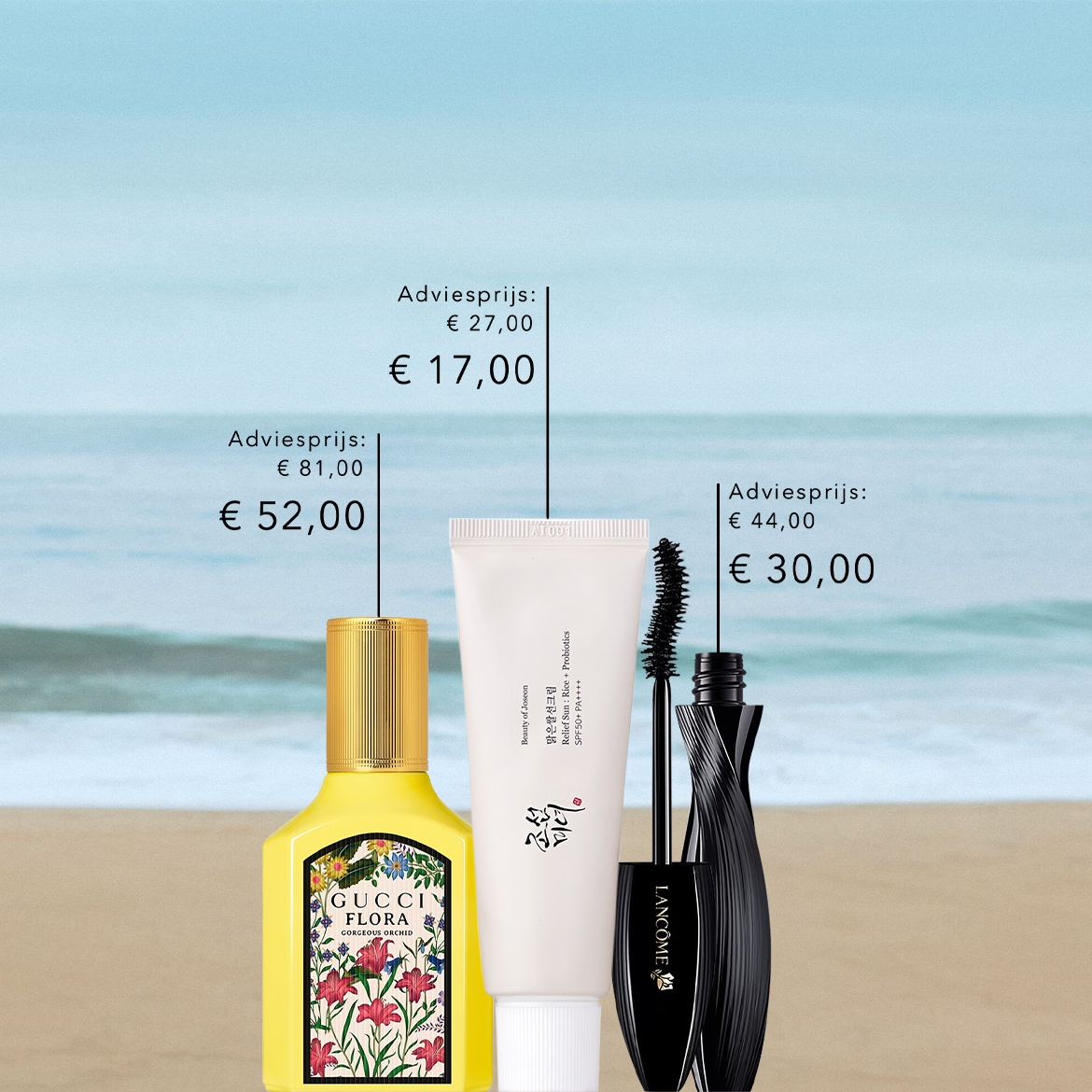 Ontdek de aanbiedingen op strandthema: Gucci Flora Gorgeous Orchid parfum in een gele fles met bloemmotieven voor €52, Beauty of Joseon zonnebrandcrème voor €17 en Lancôme mascara voor €30.
