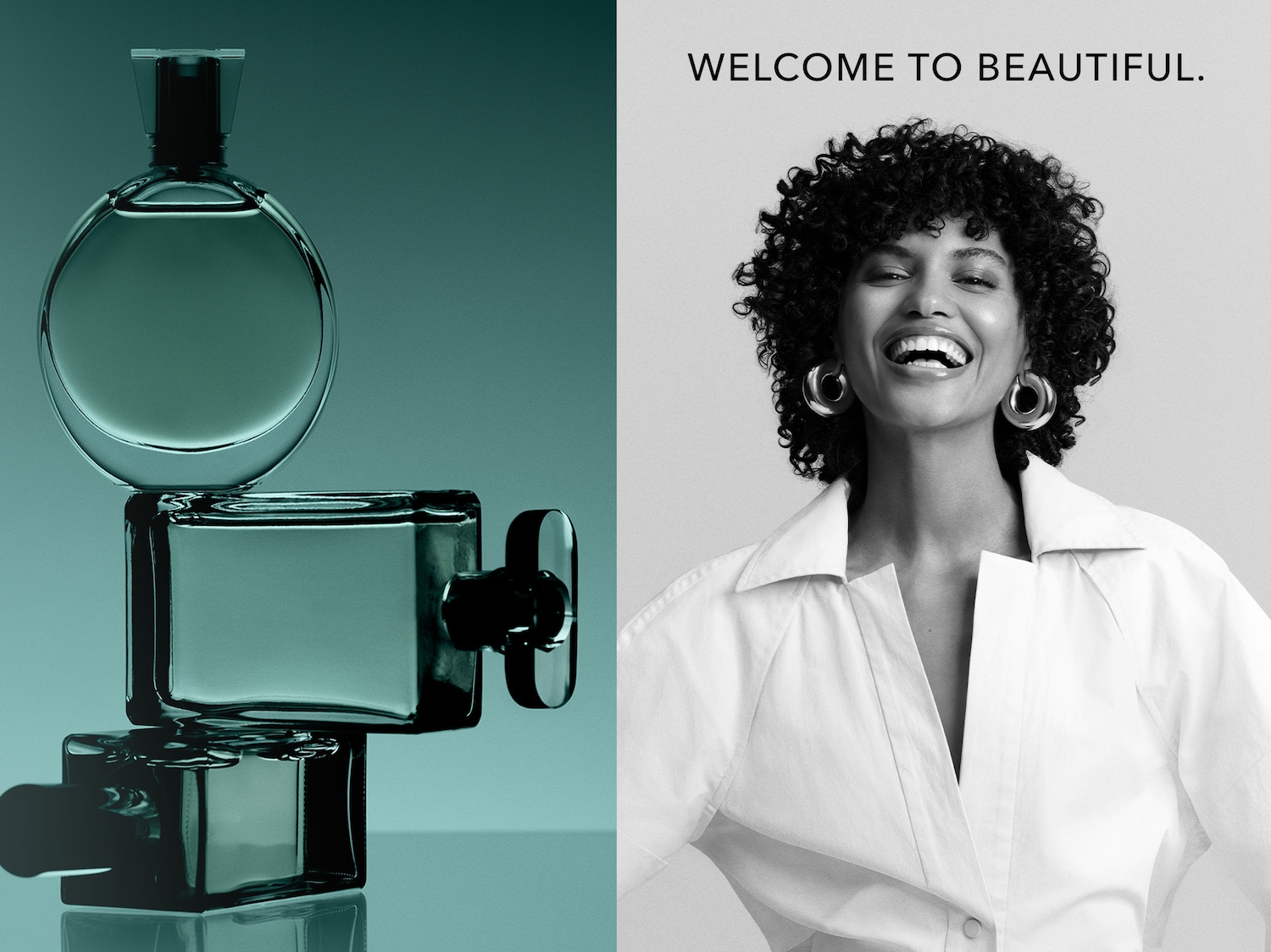 Welkom bij Beautiful. Een foto in tweeën gedeeld, links een stapel van drie parfumflessen in blauwgroene tinten, rechts een lachende vrouw met een witte blouse en zilveren oorbellen.