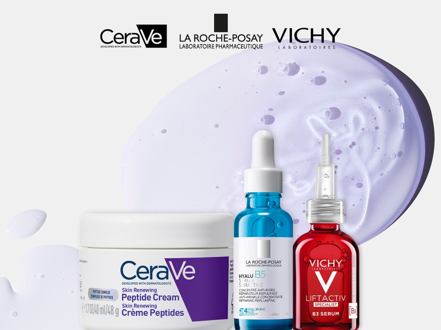 Ontdek de CeraVe Peptide Cream, La Roche-Posay Hyalu B5 Serum en Vichy Liftactiv B3 Serum voor een complete huidverzorgingsroutine.